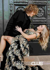 Hedda | Long Black and Gold Sequin Prom Dress A Line Off the Shoulder with Slit - Price #price_variant_lowest# - Black - PromDressClub